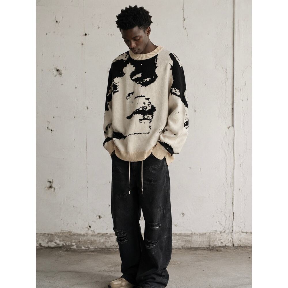IH NOM UH NIT Abstract Face Oversized Knit Sweater Graphic Intarsia Pullover